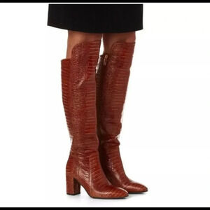 Aquatalia Brown Florina Croc Embossed Leather Over The Knee Boots/Booties